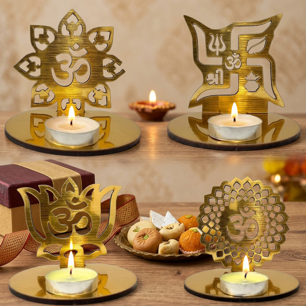 Four golden tealight holders with gift box, ribbon and sweets