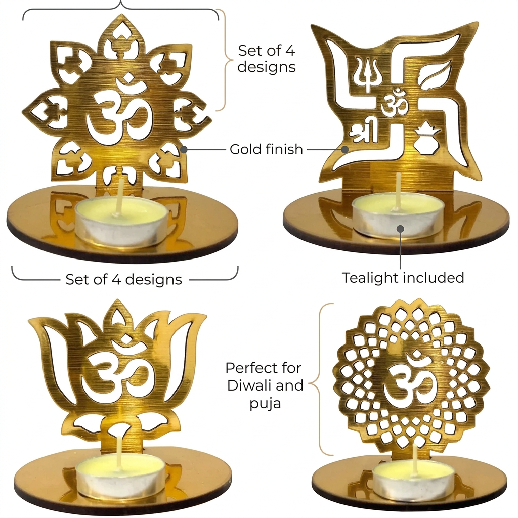 Golden tealight holder set with minimal product callouts