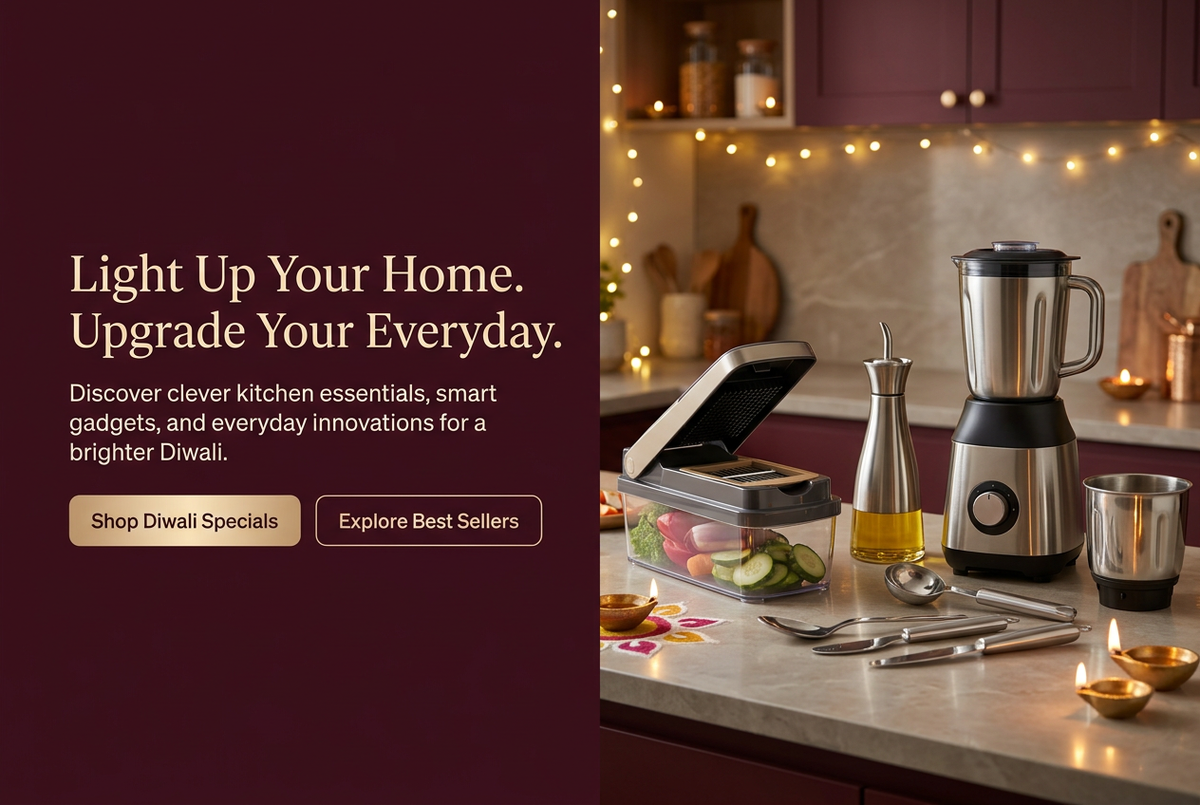 Diwali hero banner with premium kitchen gadgets, warm festive lights, elegant diyas, and your headline and calls to action