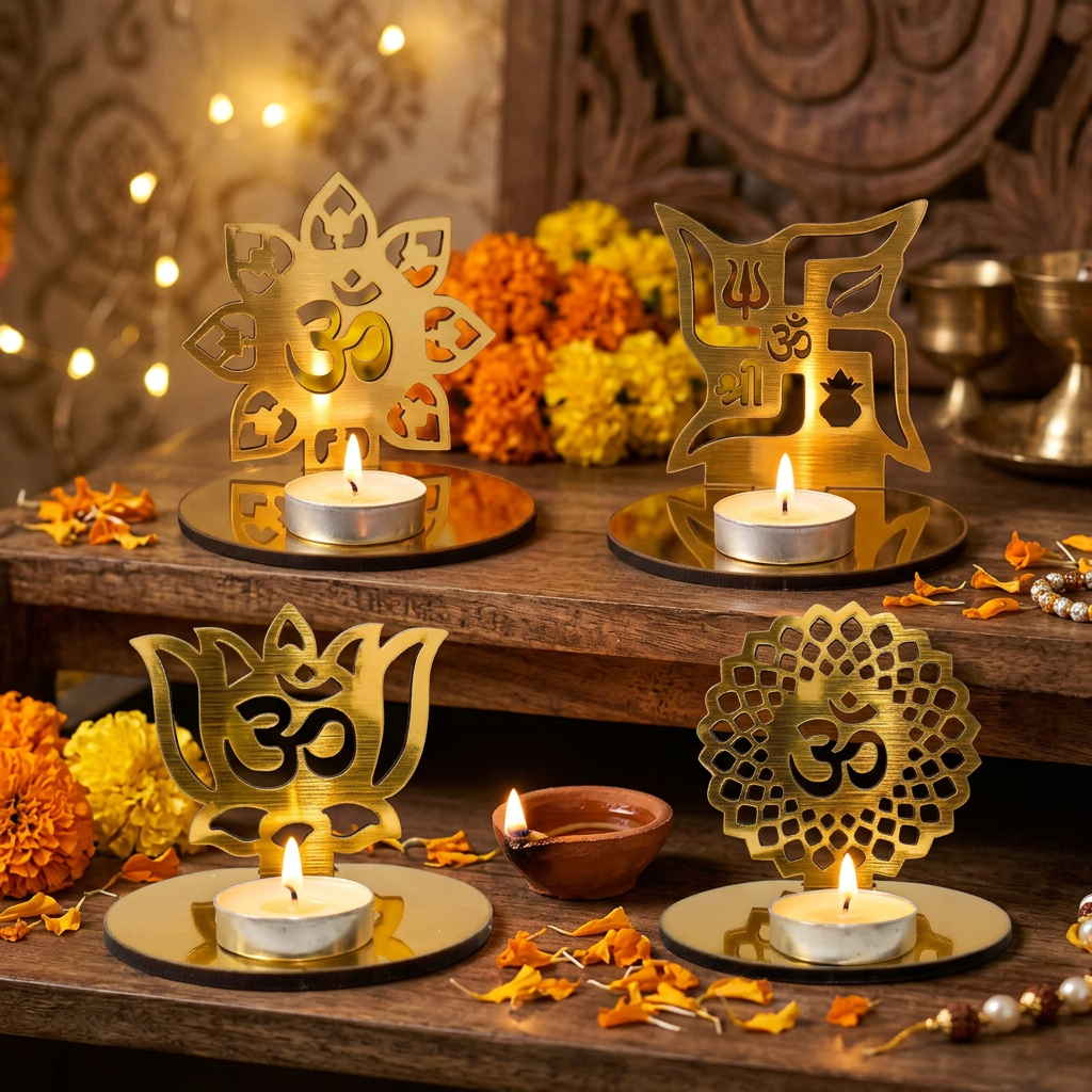 Diwali puja-shelf scene with golden tealight holders, marigolds, diyas and warm fairy lights