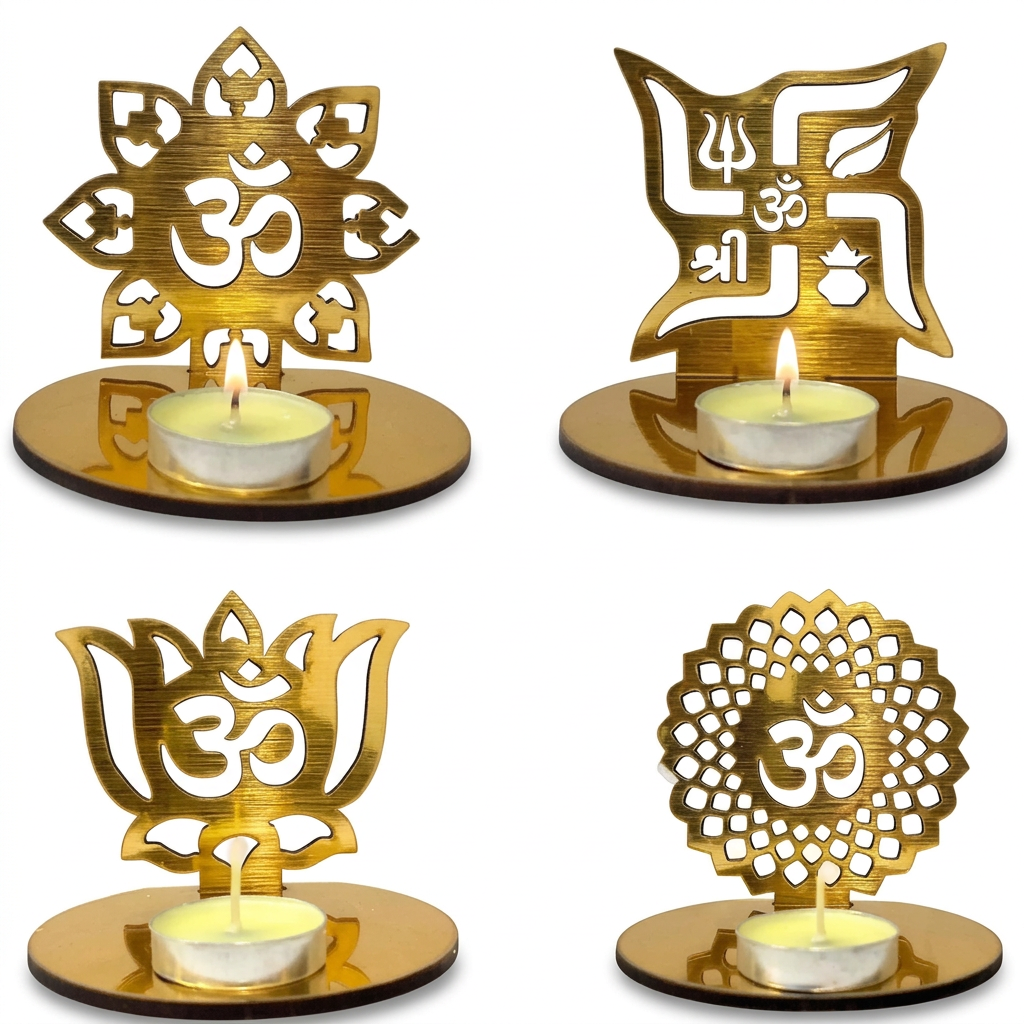 Golden lotus-shaped Om tealight holder with a lit candle on white