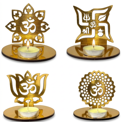 Golden lotus-shaped Om tealight holder with a lit candle on white