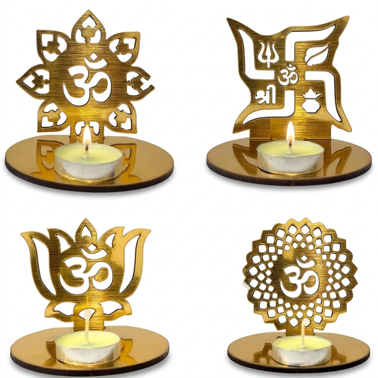 Golden lotus-shaped Om tealight holder with a lit candle on white