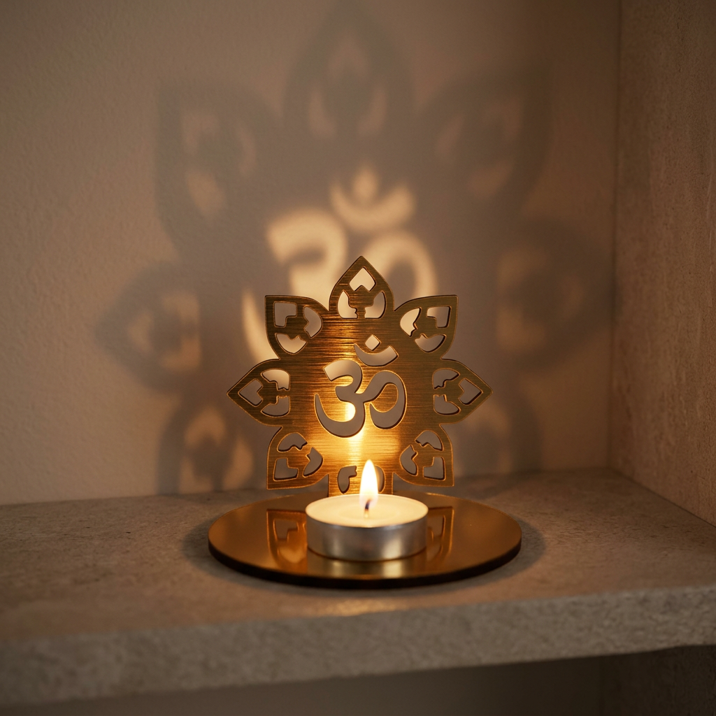 Golden Om tealight holder in a dim room with a warm glow and soft Om-shaped wall projection