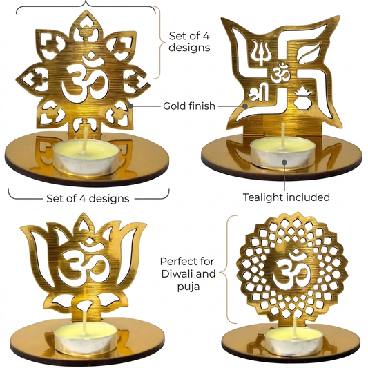 Golden tealight holder set with minimal product callouts