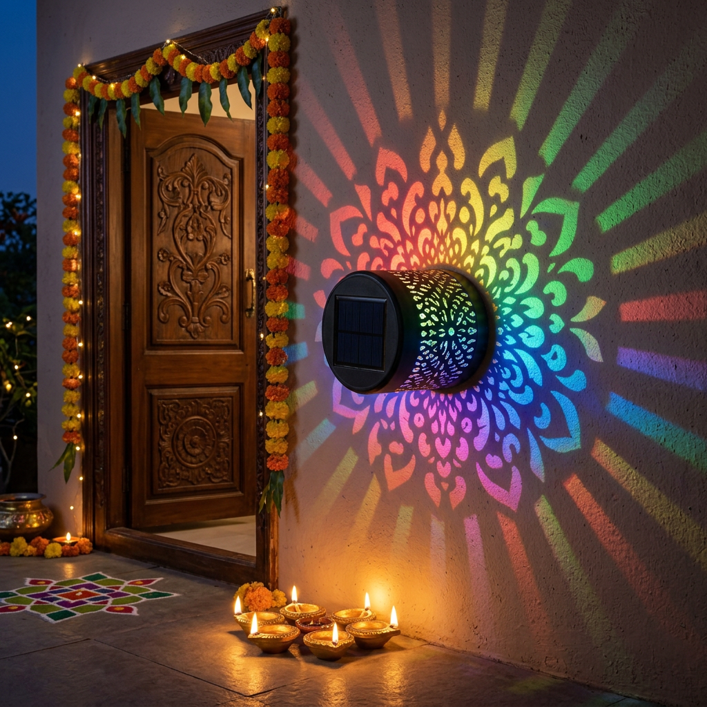AI-generated Diwali entrance scene with DiyaGlow rainbow light patterns, golden diyas, marigold garlands and rangoli